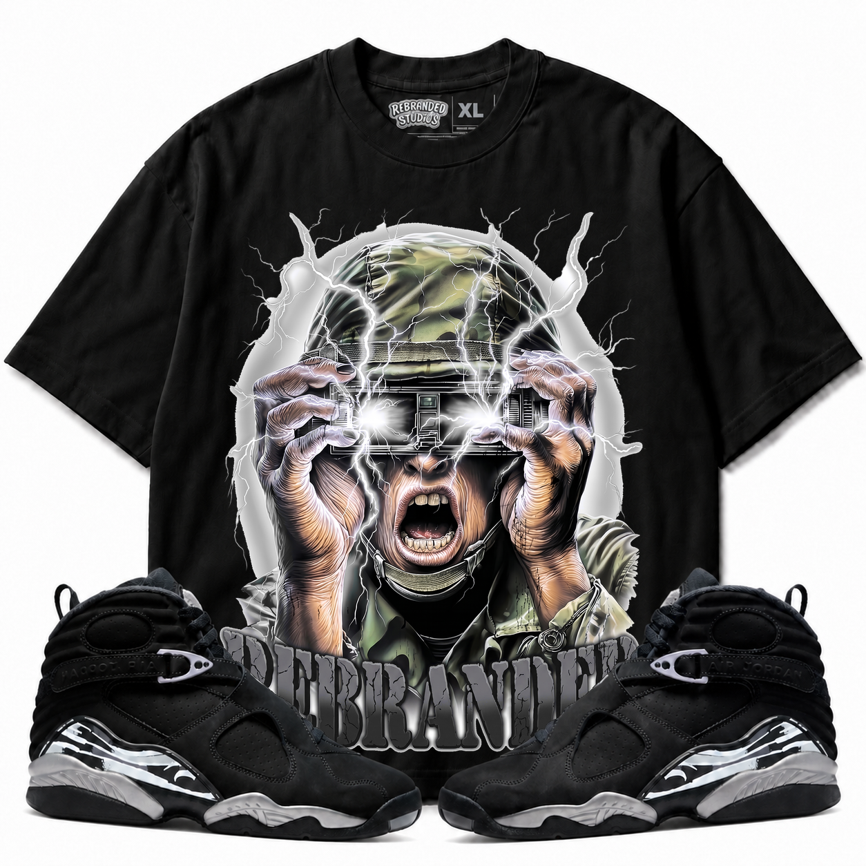Rebranded Studios War Hero Air Jordan 8 Chrome Graphic T-Shirt with matching sneakers