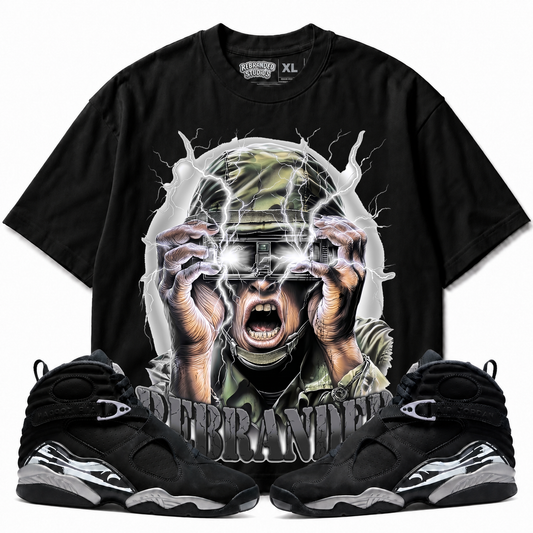 Rebranded Studios War Hero Air Jordan 8 Chrome Graphic T-Shirt with matching sneakers