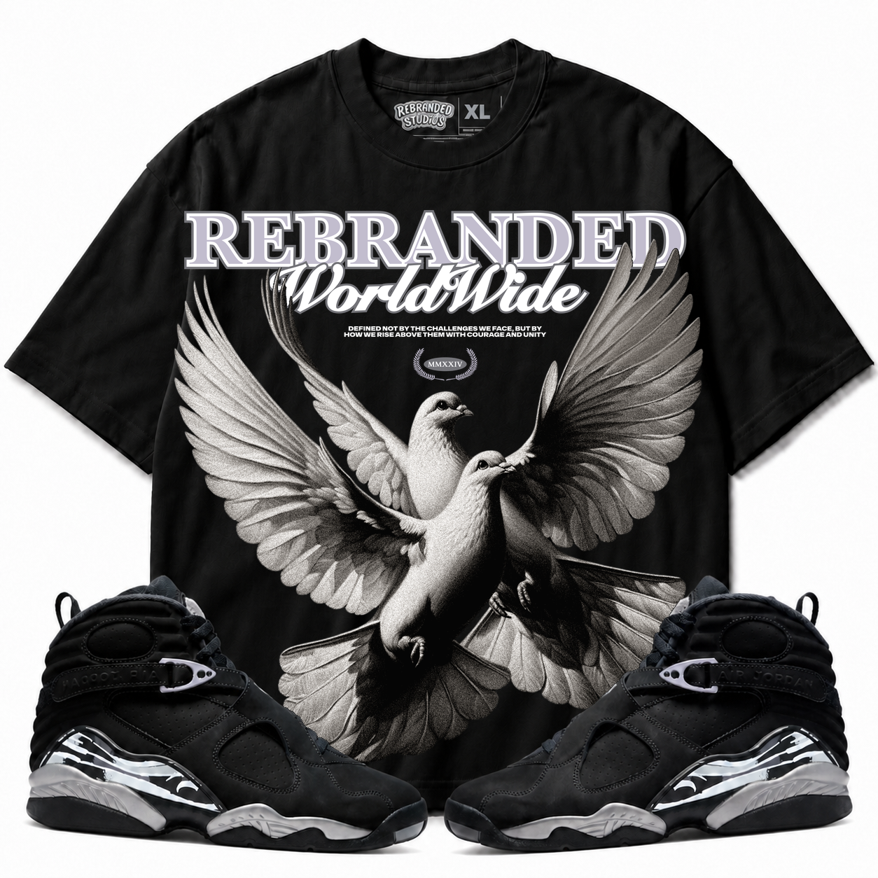 Rebranded Studios WW Birds Air Jordan 8 Chrome Graphic T-Shirt with matching sneakers